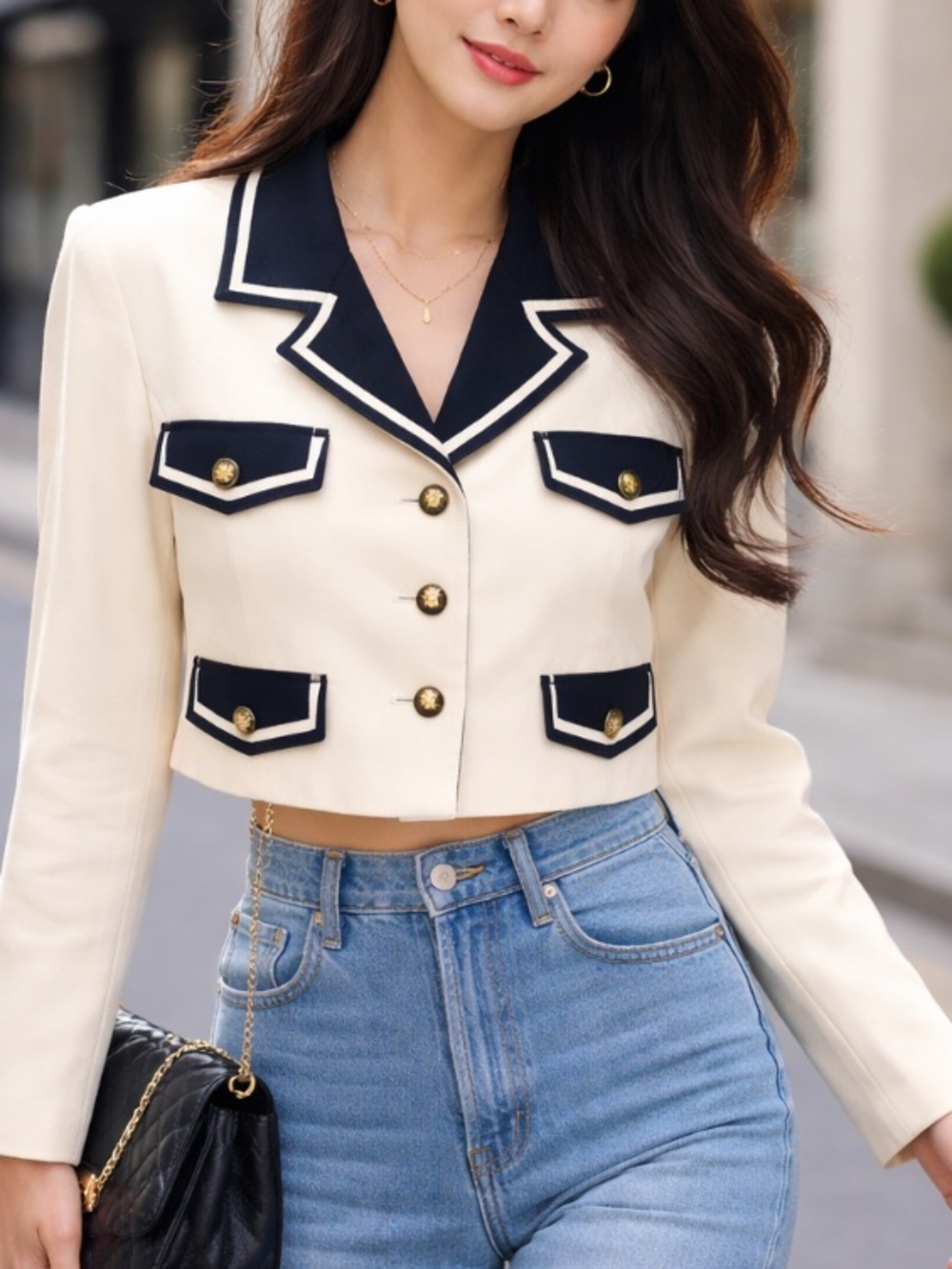 Nina Cream Cropped Blazer with Navy Trim